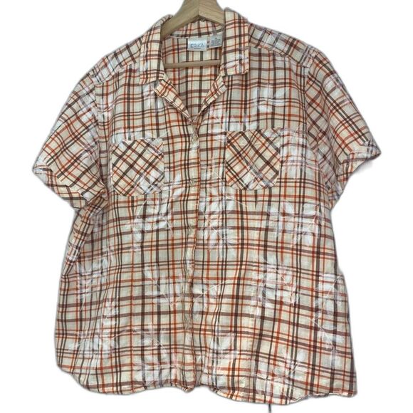 Erika Plaid Cotton Button up Orange Brown Beige Short Sleeve Shirt… - Picture 7 of 8